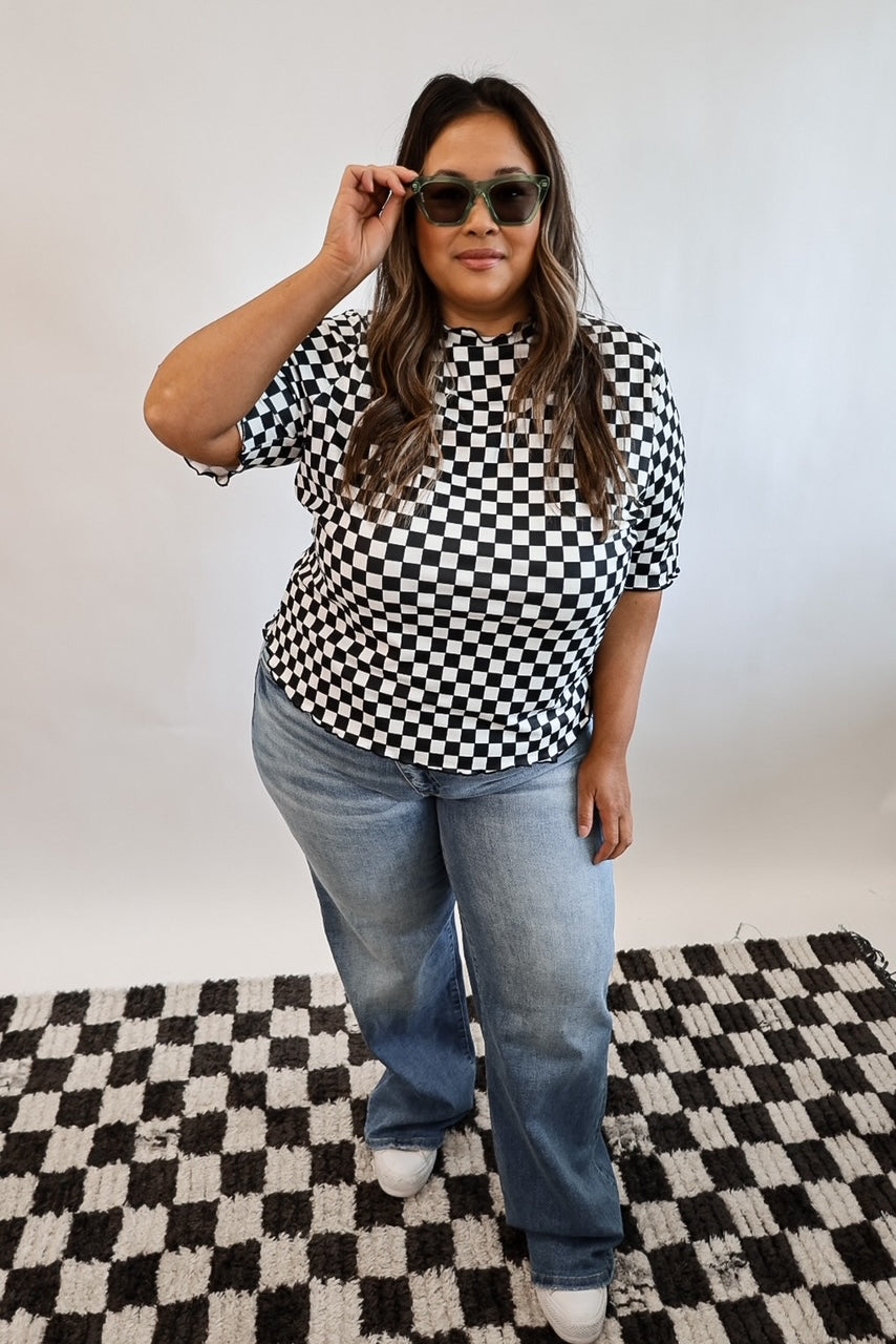 Lennon Ribbed Checkered Top - B+W