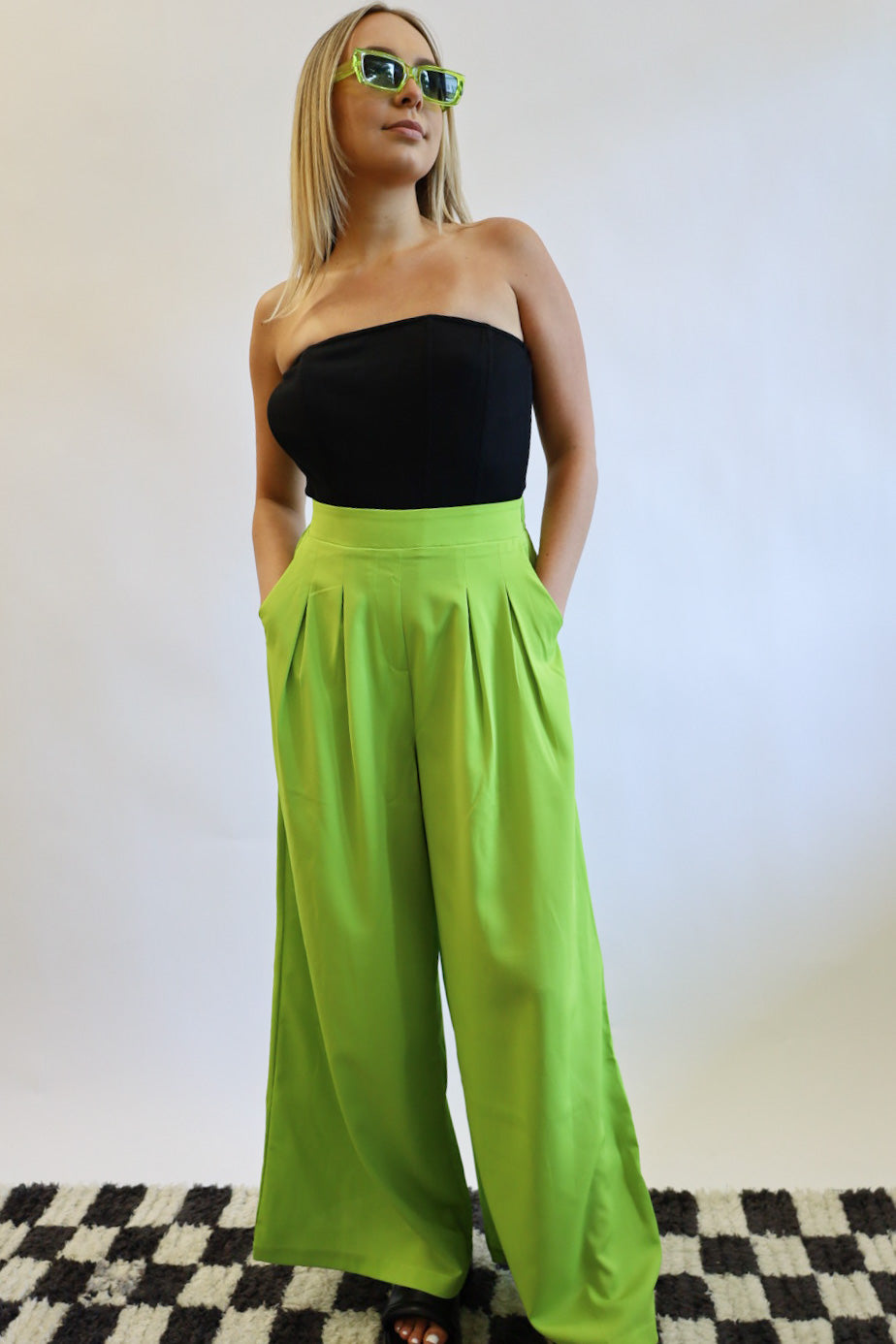 Tribeca Wide Leg Pleated Pants - Electric Lime