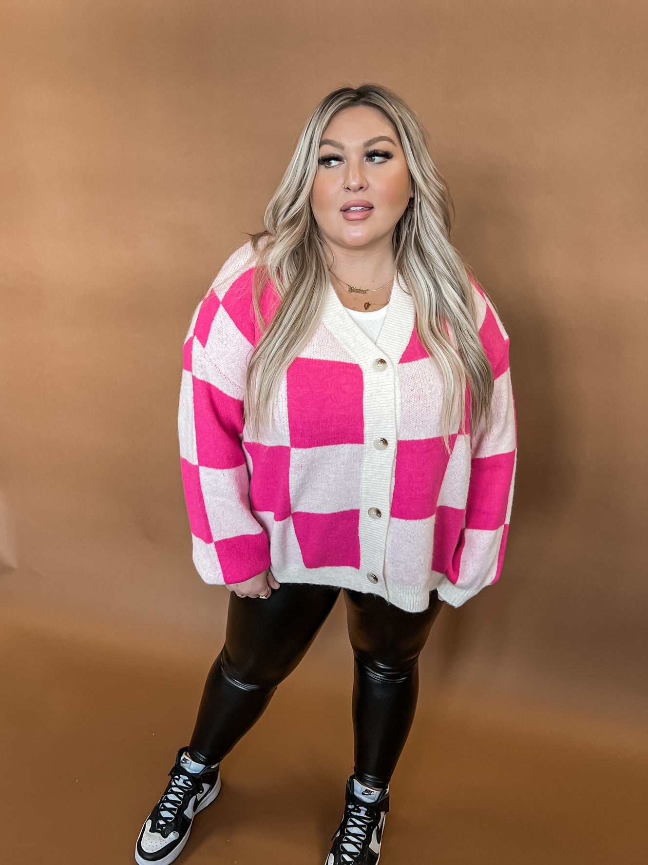 Talk Of The Town Checkered Cardigan - Hot Pink